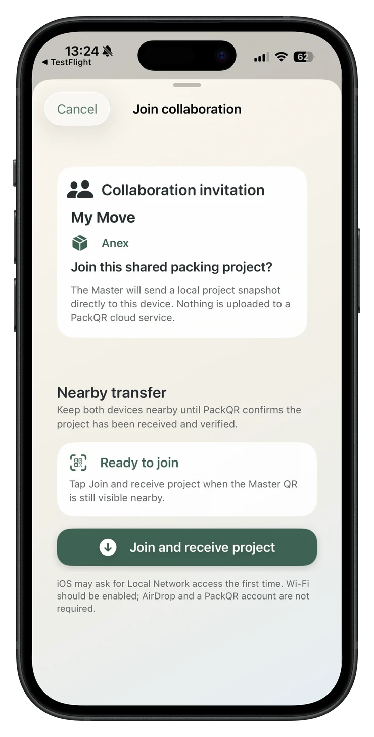 PackQR collaboration invitation on a second device