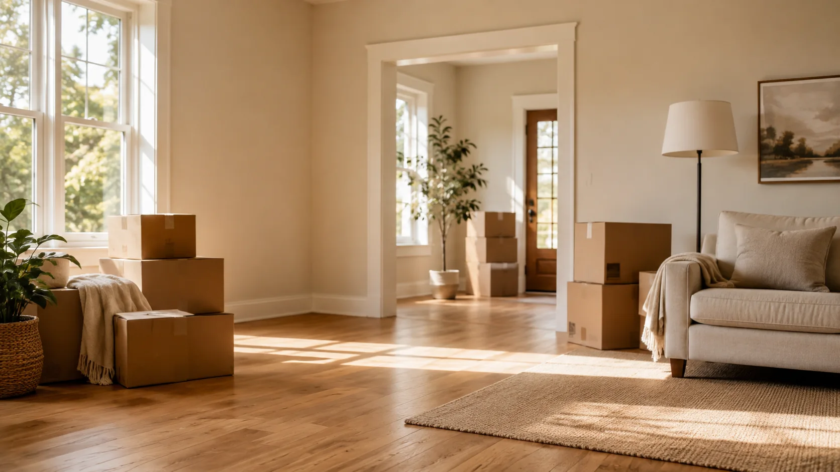 Warm sunlit room with moving boxes